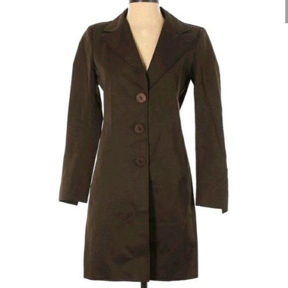 Tahari Equestrian Large Button Down Rib Textured Trench Coat Pockets Brown Sz XS - Picture 2 of 11